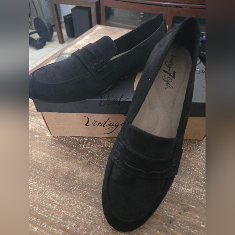 Vintage 7 Eight Black Suede Loafers Slip-Ons